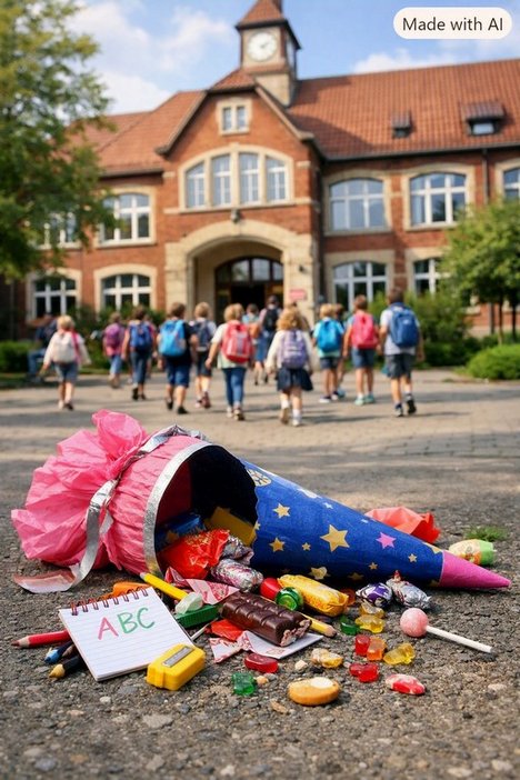Das KI generierte Bild zeigt eine offene Schultüte im Vordergrund mit vielen Süßigkeiten. Unscharf im Hintergrund ist eine Schule zu sehen, auf die mehrere Kinder zulaufen. Bildtitel: Egal ob 1. oder 10. Klasse: Alles Gute zum Schulstart!